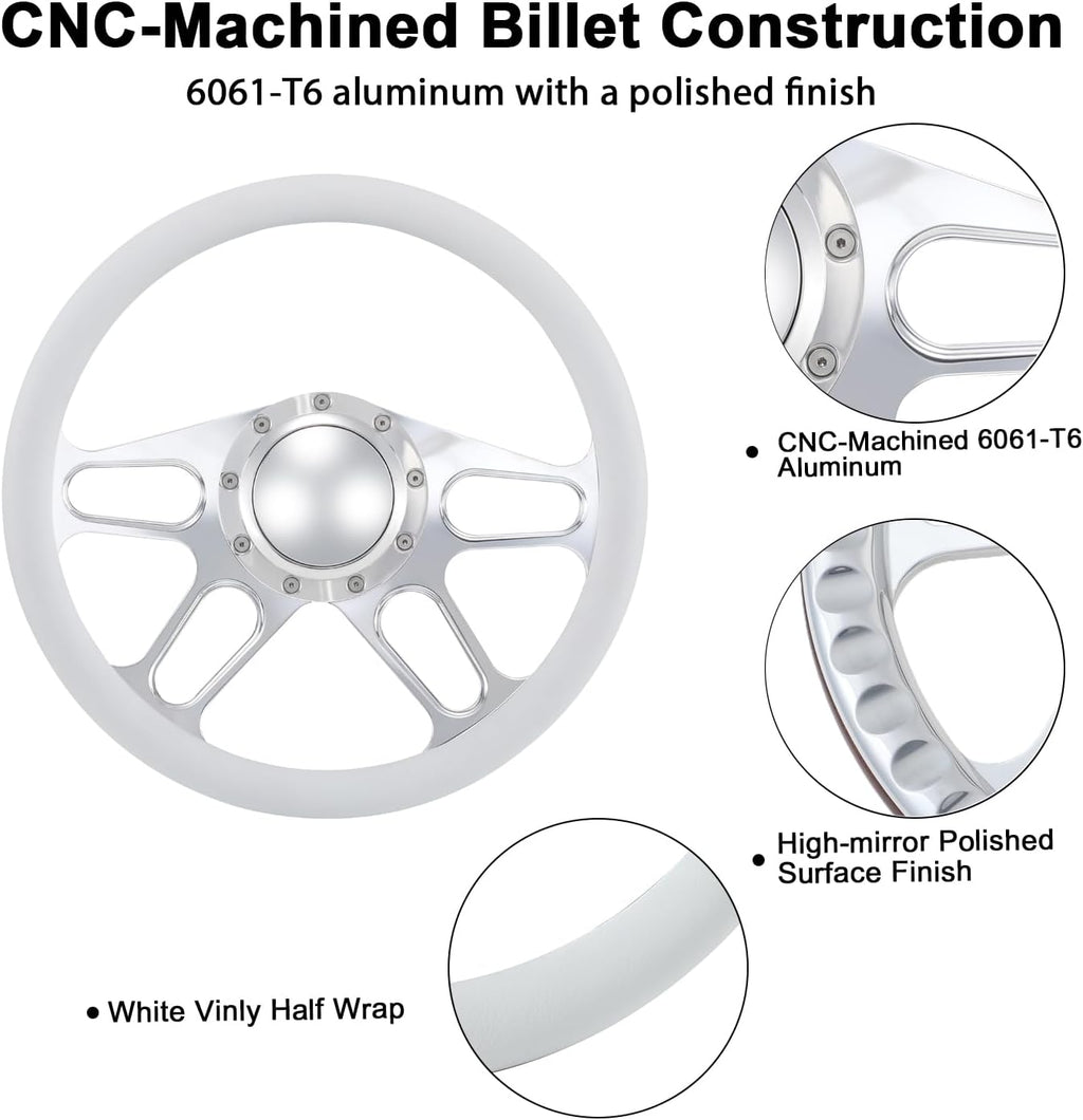 14'' Billet 4-slot Half Wrap 9 Bolts Steering Wheel with 2'' Dish and Horn Button Compatible with Chevy, Ford, GM (White)