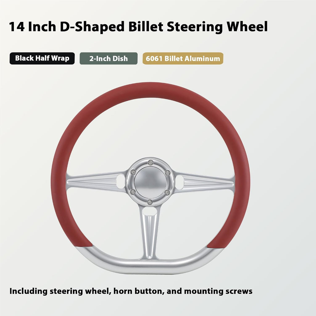 14' Satin Billet Steering Wheel with Half Wrap and Horn Button (Burgundy)