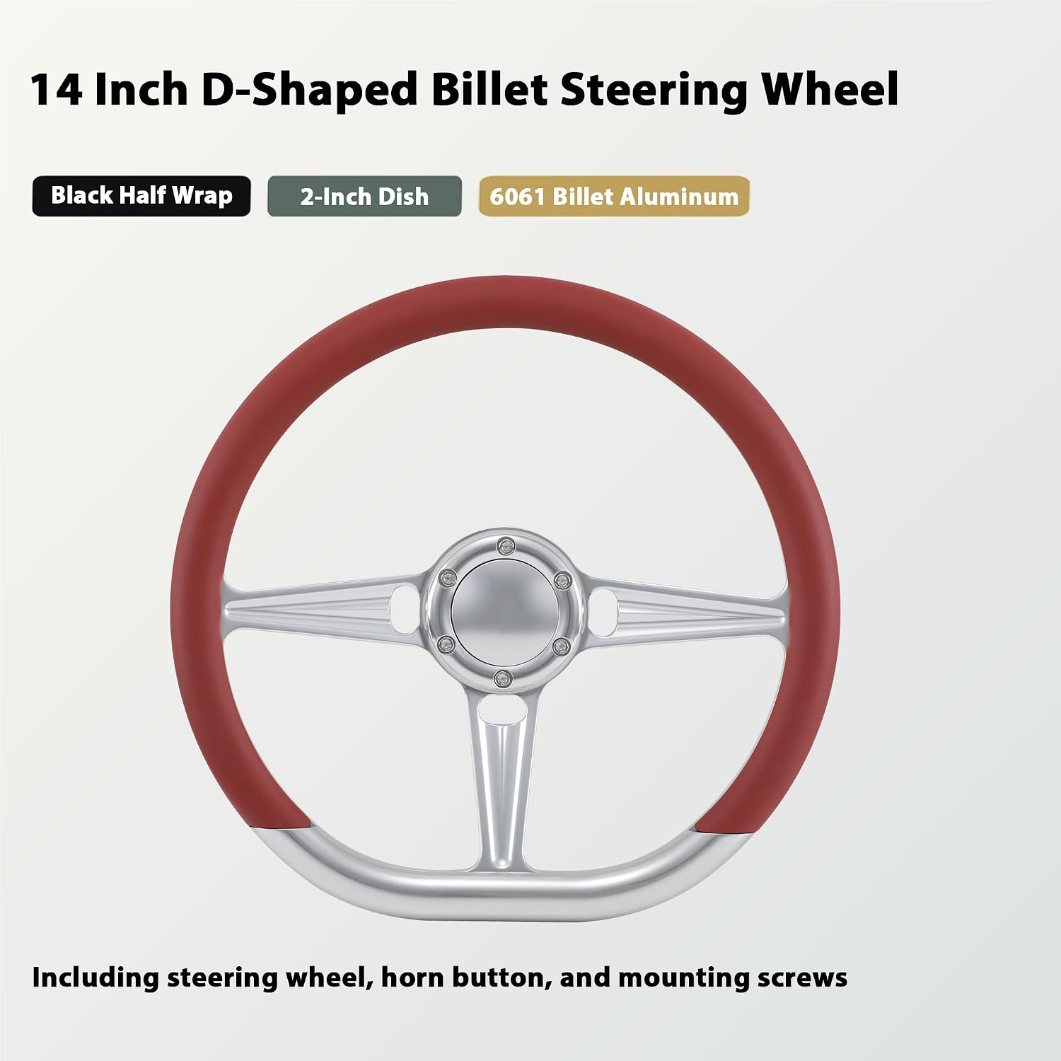 14' Satin Billet Steering Wheel with Half Wrap and Horn Button (Burgundy)