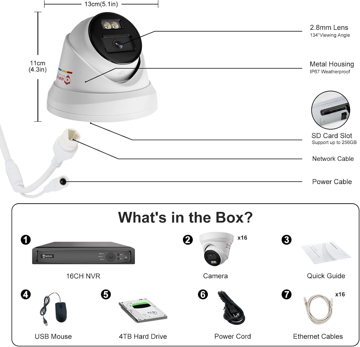 Anpviz 16CH 4K PoE Security Camera System Commercial, 16pcs H.265+ Wired 8MP IP Cameras Outdoor with Mic, Smart Color Night Vision, 12MP/8MP 16Channel PoE NVR with 4TB HDD for 24/7 Recording（H Series）
