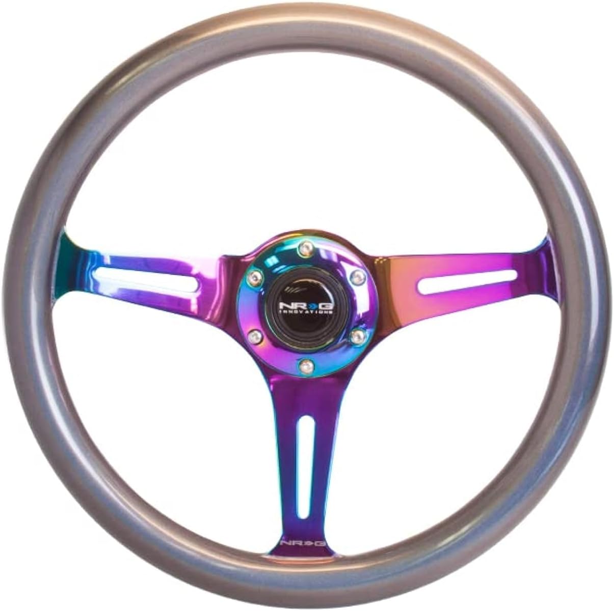 NRG Innovations NRG-ST-015MC-CN Steering Wheel - 350mm 25mm Deep Configuration, Chameleon Classic Wood Grain Wheel 3 Neochrome Spokes- Pearlescent Paint Grip