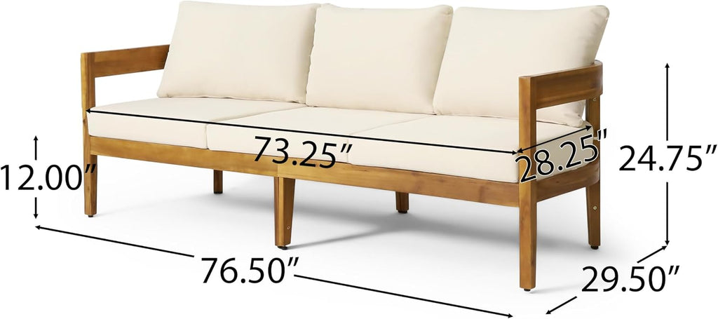 76.5 Inch Outdoor Acacia Wood 3-Seater Patio Sofa with Beige Cushions Curved Tuxedo Design Weather-Resistant Garden Backyard Couch, Teak