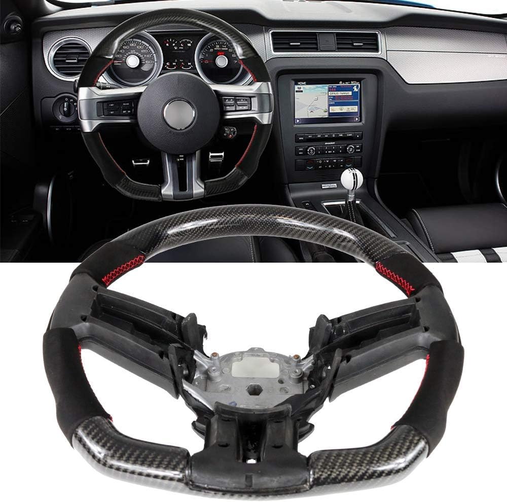 IKON MOTORSPORTS, Steering Wheel Compatible With 2010-2014 Ford Mustang, Black Carbon Fiber & Synthetic Suede Steering Wheel Brushed Kit With Red Stitching, 2011 2012 2013