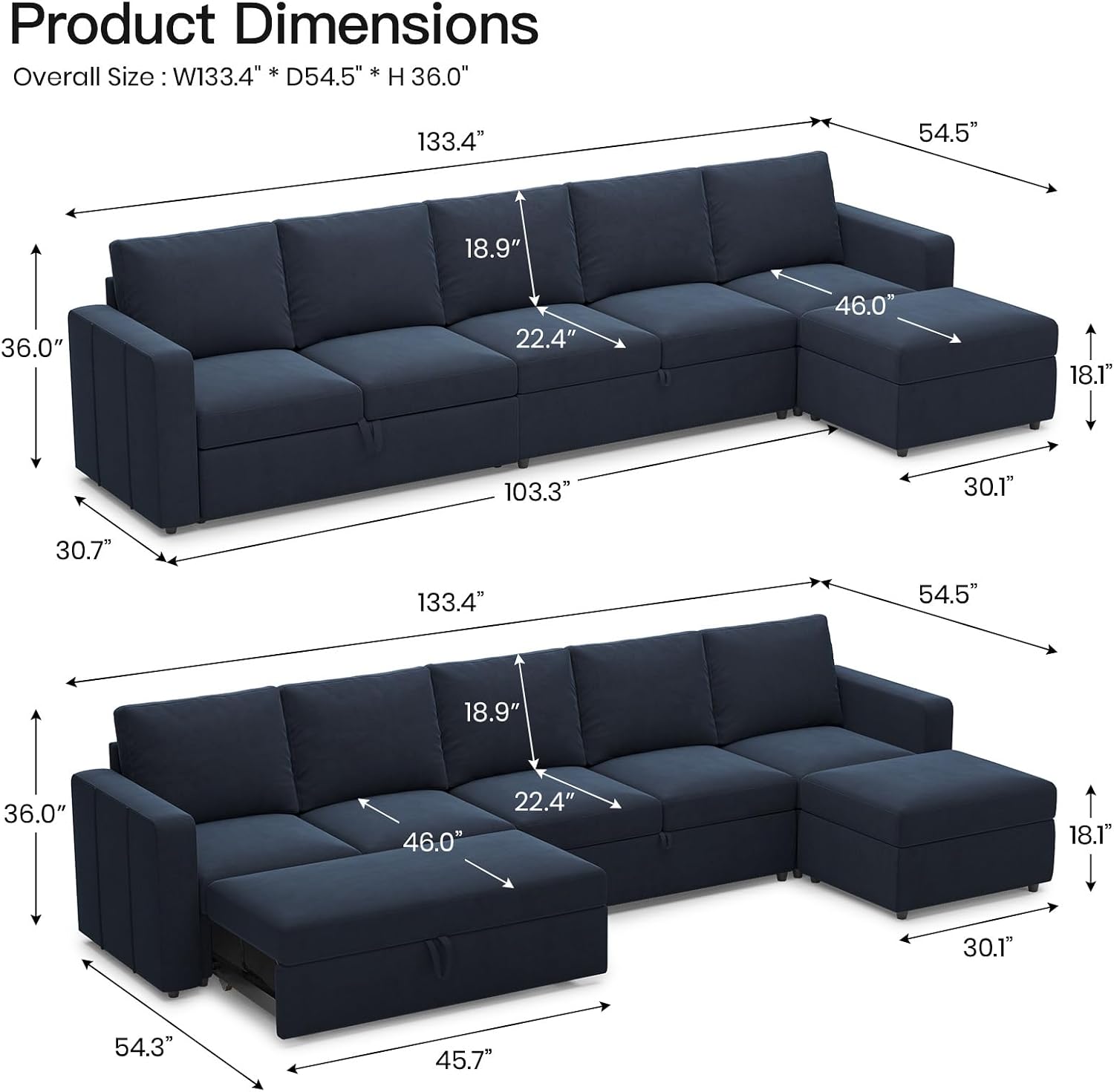 Belffin Modular Sectional Sofa with Sleeper Sofa Couch Pullout Bed, 133' L Shaped Sleeper Sectional Couch with Storage Seat for Living Room, Blue