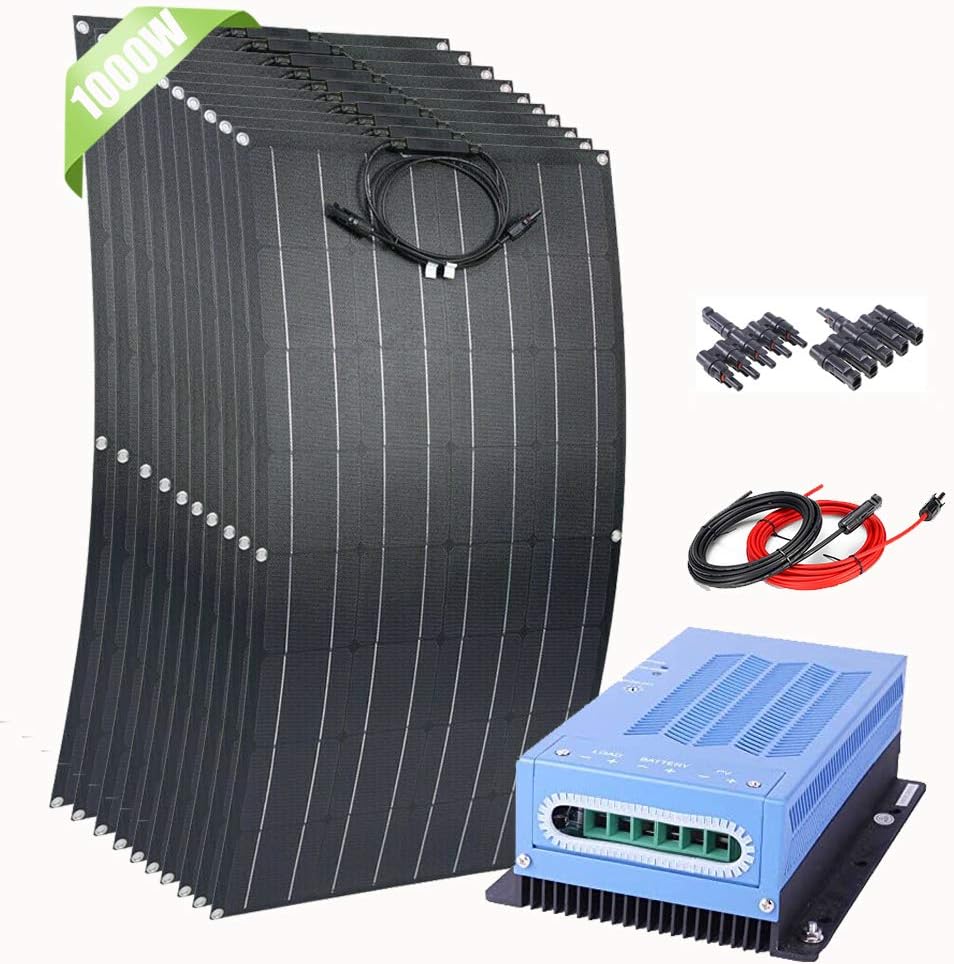 1000W Flexible Solar Panel Kit for Cabin: 10pcs 100 Watt Bump Surface Monocrystalline PV Panel with 60A 12V 24V MPPT Charge Controller & Accessory