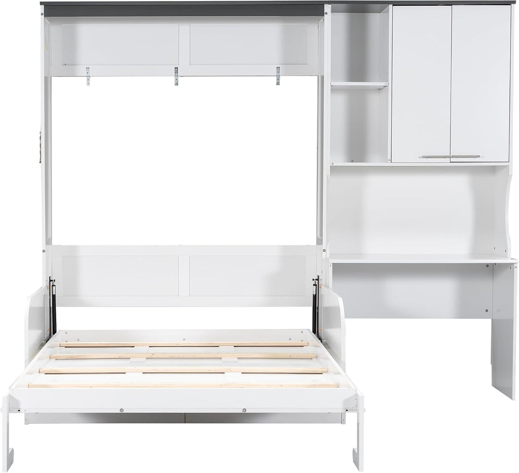 Merax Farmhouse Multi-Functional Murphy Bed with Sofa, Desk & Storage Cabinet,Solid Wood Foldable Wall Bed/Space Saving/No Box Spring Needed/Full,White + Gray