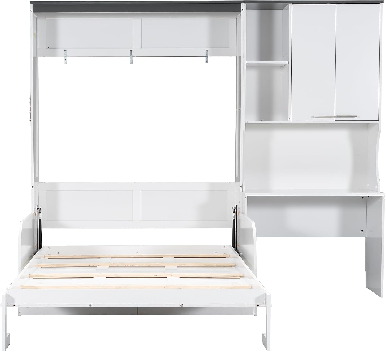 Merax Farmhouse Multi-Functional Murphy Bed with Sofa, Desk & Storage Cabinet,Solid Wood Foldable Wall Bed/Space Saving/No Box Spring Needed/Full,White + Gray