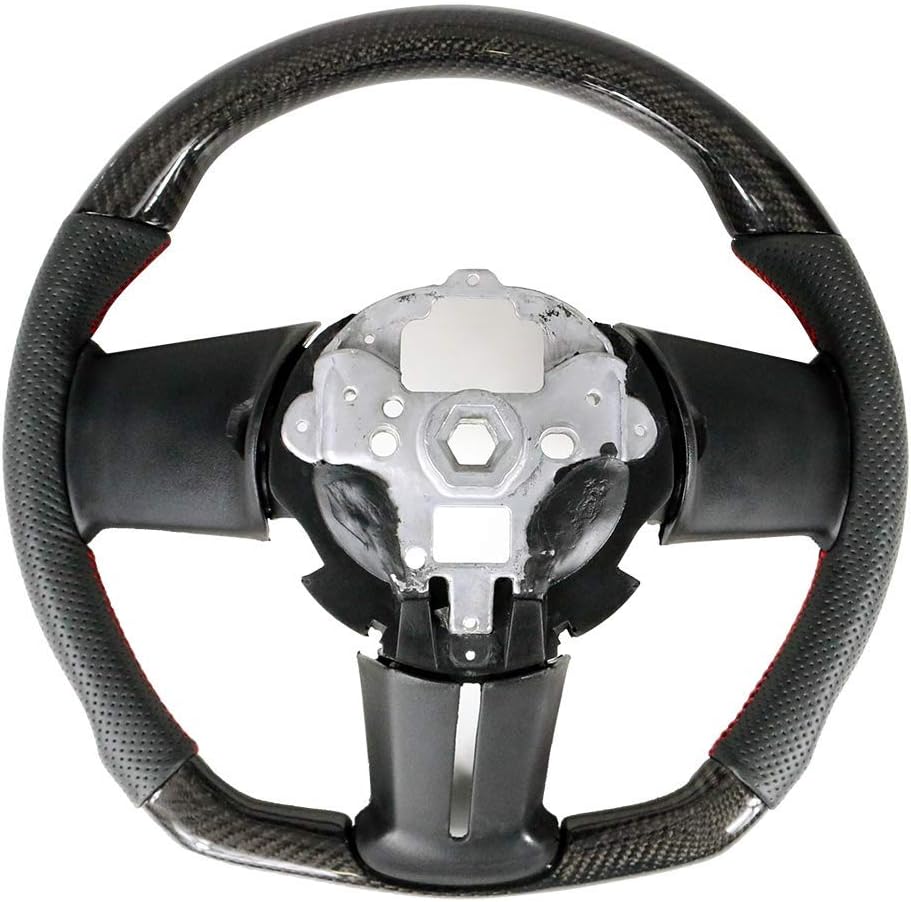 IKON MOTORSPORTS, Steering Wheel Compatible With 2010-2014 Ford Mustang, Black Carbon Fiber & Perforated Leather Steering Wheel Brushed Kit With Red Stitching, 2011 2012 2013