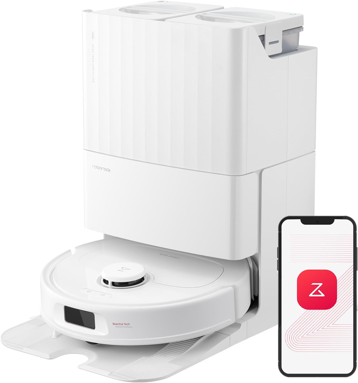 roborock Qrevo Plus Robot Vacuum and Mop with FlexiArm Design Edge Mopping, Self-Emptying, 10 mm Liftable Mops, Auto Mop Washing & Drying, Reactive Tech Obstacle Avoidance, 7,000 Pa Suction, White