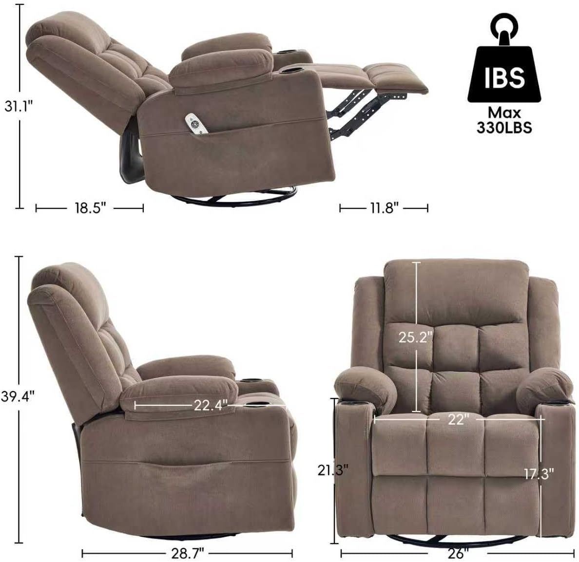 Swivel Rocker Recliner Chair with Massage and Heating,Cup Holders,Glider Recliner for Adults,Soft Fabric Living Room Nursing Reclining Sofa Chair (Coffe)