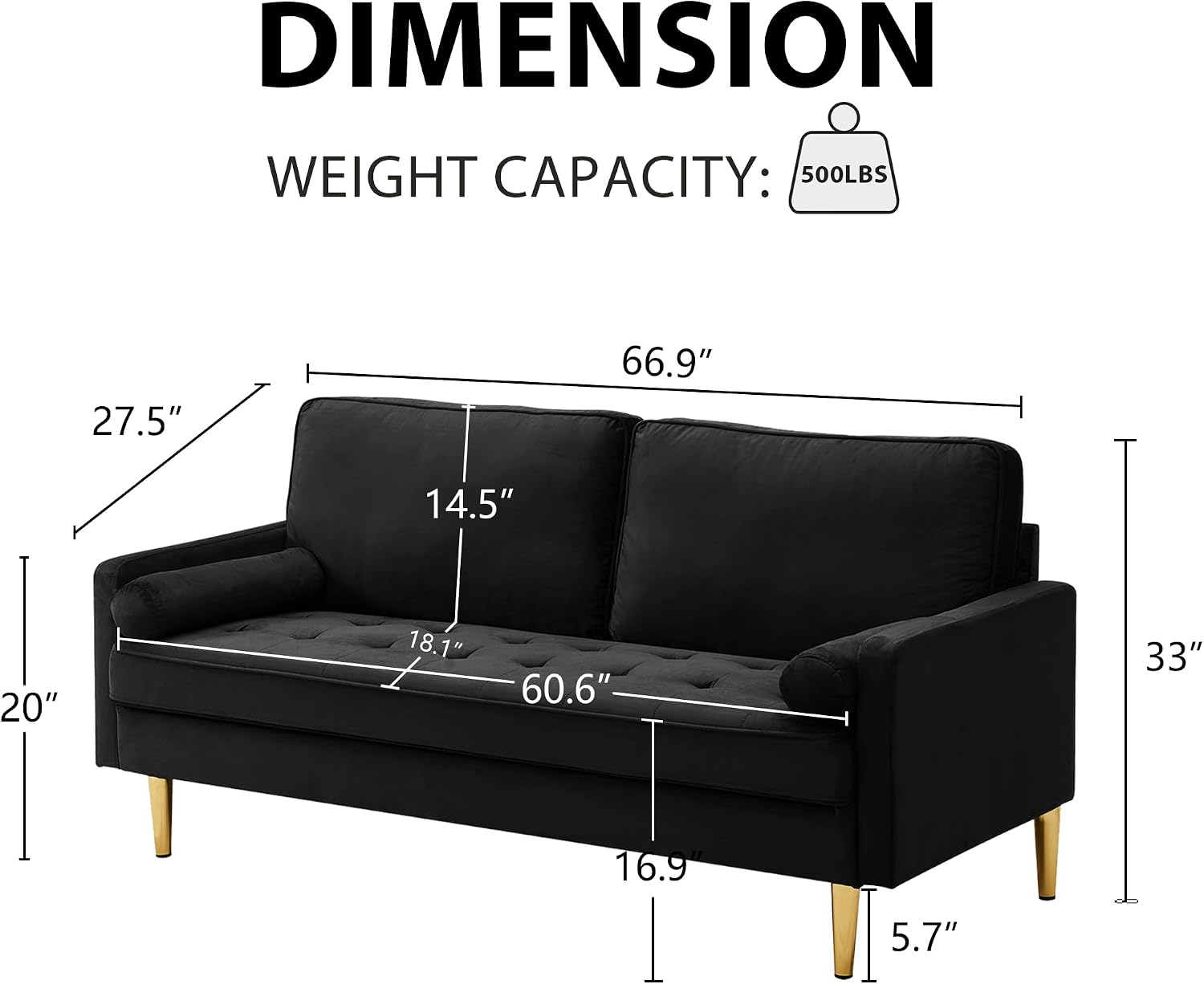 67' Modern Velvet Loveseat Sofa Couch, Mid-Century Tufted Upholstered Small Love Seat Couch with 2 Pillows & 4 Golden Legs, 2-Seats Couches for Compact Space, Living Room, Apartment (Black)