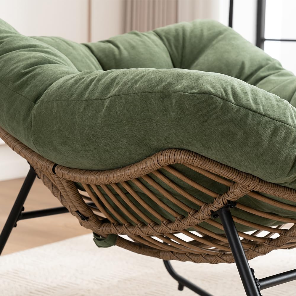 Outdoor Papasan Chair, Oversized Rocking Chair with Cushion and Metal Frame, Patio Lounge Rocking Chair for Balcony Backyard Porch Bedroom Living Room (Green)