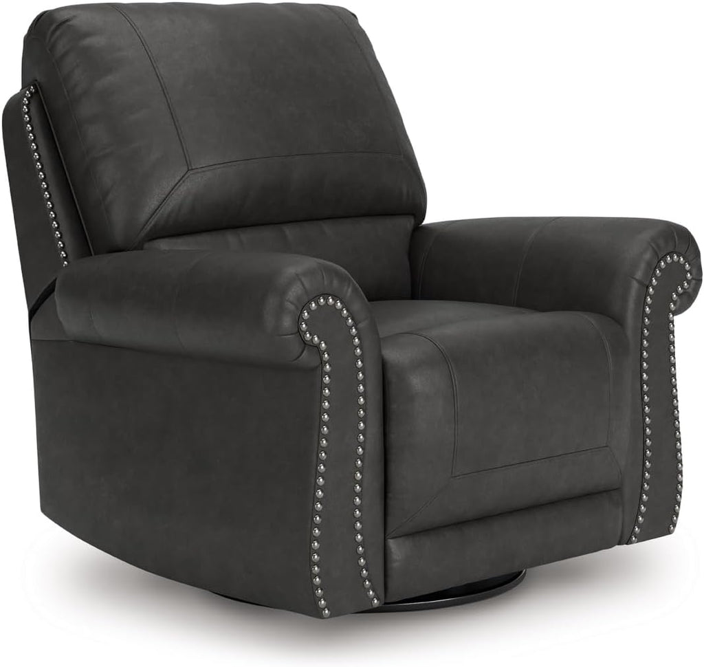 Signature Design by Ashley Shadsburne Classic Faux Leather Manual Rocker Swivel Glider Recliner with Nailhead Trim, Reinforced Frame and Metal Seat Box, 360-Degree Swivel, Black