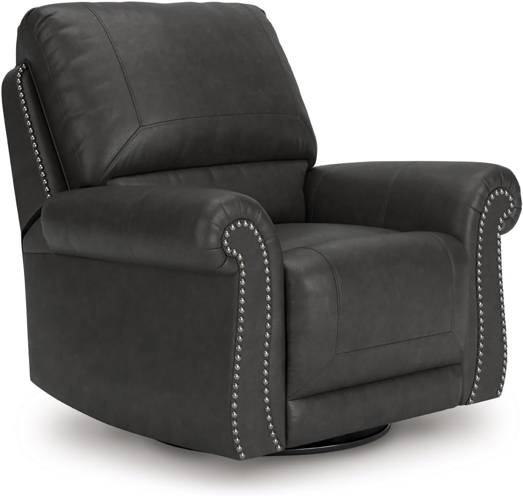 Signature Design by Ashley Shadsburne Classic Faux Leather Manual Rocker Swivel Glider Recliner with Nailhead Trim, Reinforced Frame and Metal Seat Box, 360-Degree Swivel, Black