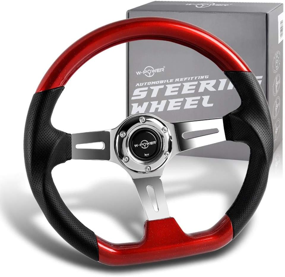 W Power Exclusive 13.5' Pearl Red Wood Grip 6 Lug Bolt Hole Chrome 3-Spoke Vintage Steering Wheel
