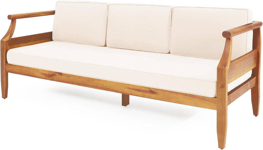 Christopher Knight Home Aston Outdoor 3 Seater Sofa, Upholstered Cushion Couch, Acacia Wood Bench Sofa, Slat Armchair, 73.25' W Spacious Seating Bench Couch for Gardern Porch Balcony, Teak+Beige