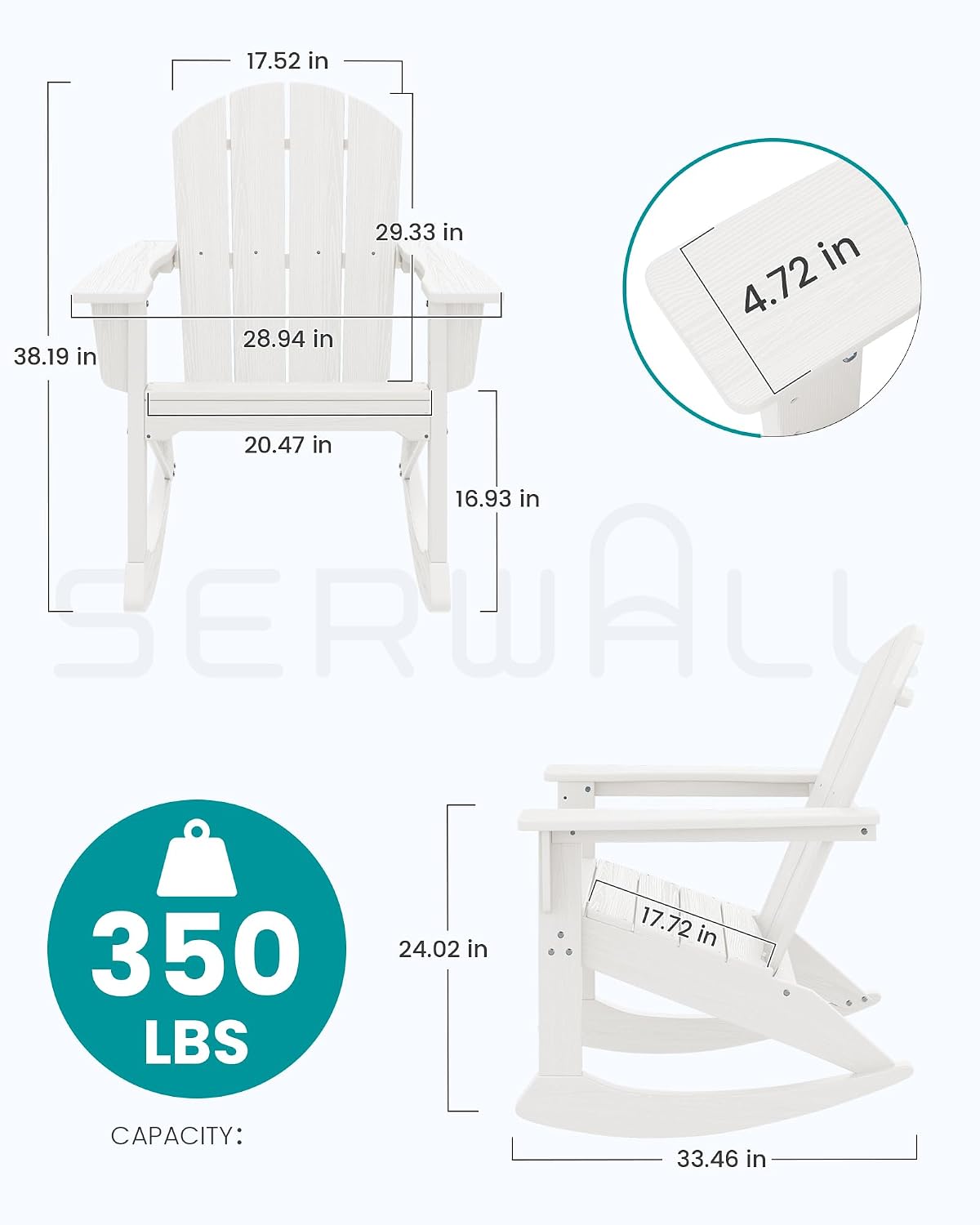 SERWALL Outdoor Adirondack Rocking Chairs Set of 2, All-Weather HDPE Adirondack Rocker Chair, Front Porch Rocker Chairs for Patio Lawn Porch Deck, White