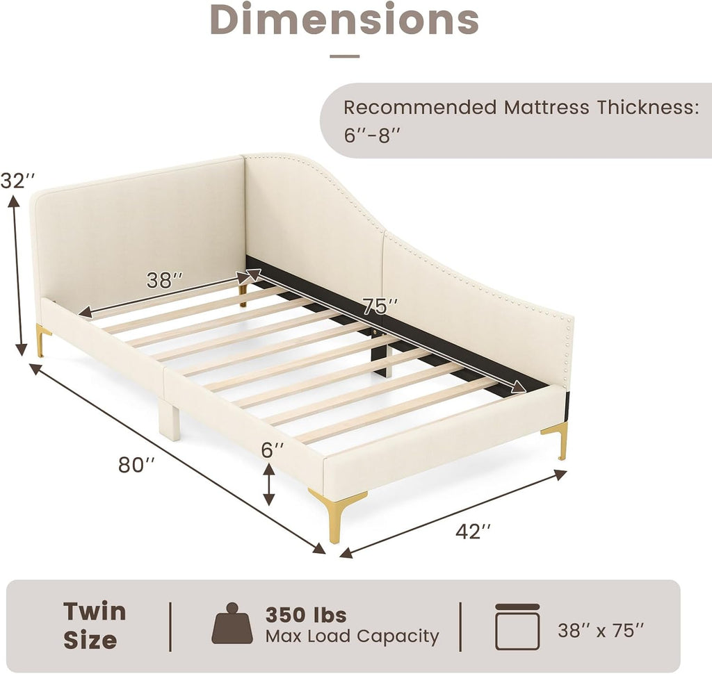 Giantex Twin Size Upholstered Daybed, Rivet-Tufted Platform Bed with Headboard, Metal Legs & Wood Slats, L-Shaped Corner Sofa Bed for Living Room & Guest Room, No Box Spring Needed, Beige