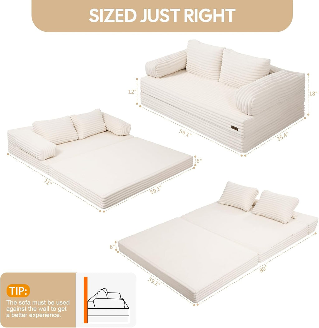 MeMoreCool Convertible Sofa Bed, Folding Floor Couch Bed Queen, Pull Out Sleeper Couch with Pillows, Fold Out Futon Sofa for Bedroom Living Room Small Space, Corduroy Beige