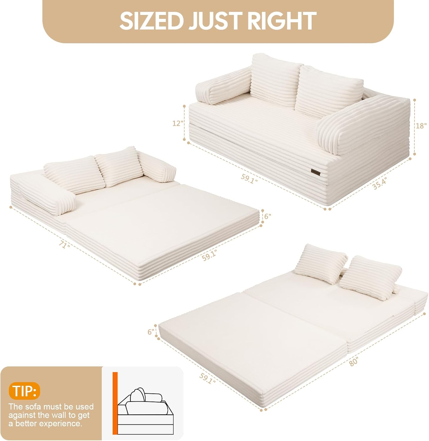 MeMoreCool Convertible Sofa Bed, Folding Floor Couch Bed Queen, Pull Out Sleeper Couch with Pillows, Fold Out Futon Sofa for Bedroom Living Room Small Space, Corduroy Beige