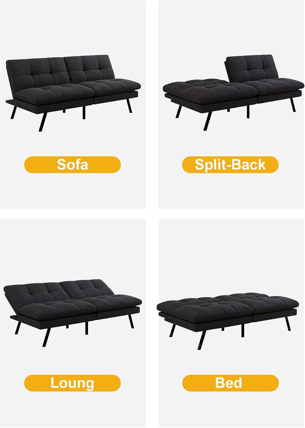 MUUEGM 68' Futon Sofa Bed,Futon Couch with Adjustable Backrest & Foldable Design,Convertible Sleeper Sofa for Small Spaces Livingroom Apartment Office(Black)