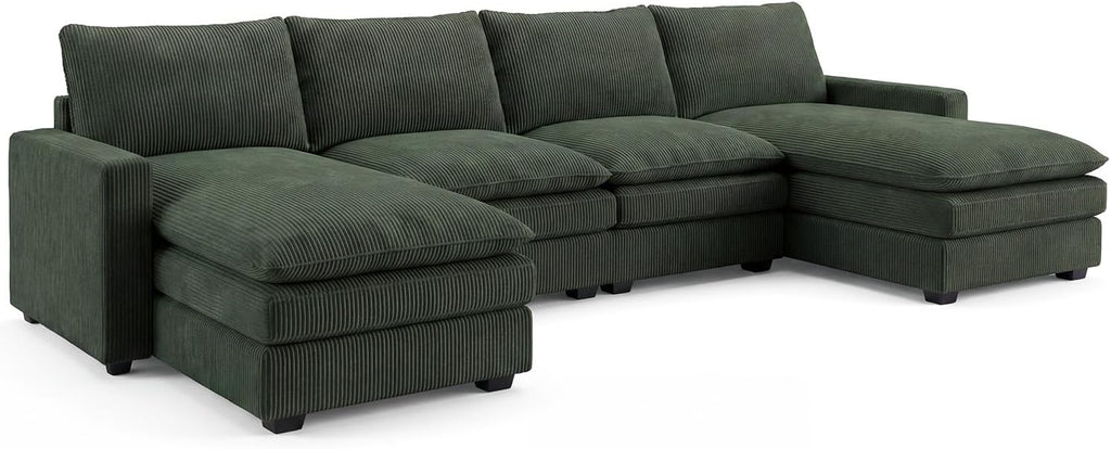 HONBAY 127.2 Inch Corduroy Cloud Modular Sectional Sofa with Chaise, Deep Seat U-Shaped Couch with Storage for Living Room, Apartment, Small Space,Green