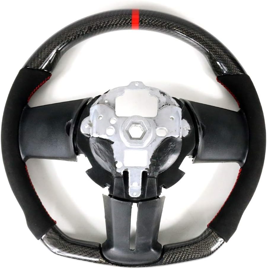 IKON MOTORSPORTS, Steering Wheel Compatible With 2010-2014 Ford Mustang, Black Carbon Fiber & Synthetic Suede Steering Wheel Brushed Kit With Red Stitching & Indicator, 2011 2012 2013