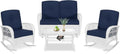 VIVIJASON 4-Piece Outdoor Patio White Wicker Conversation Sets, All Weather Outdoor Rattan Furniture Set Includes Glider Loveseat, Coffee Table, 2 Rocking Chairs with Cushions for Backyard, Navy Blue