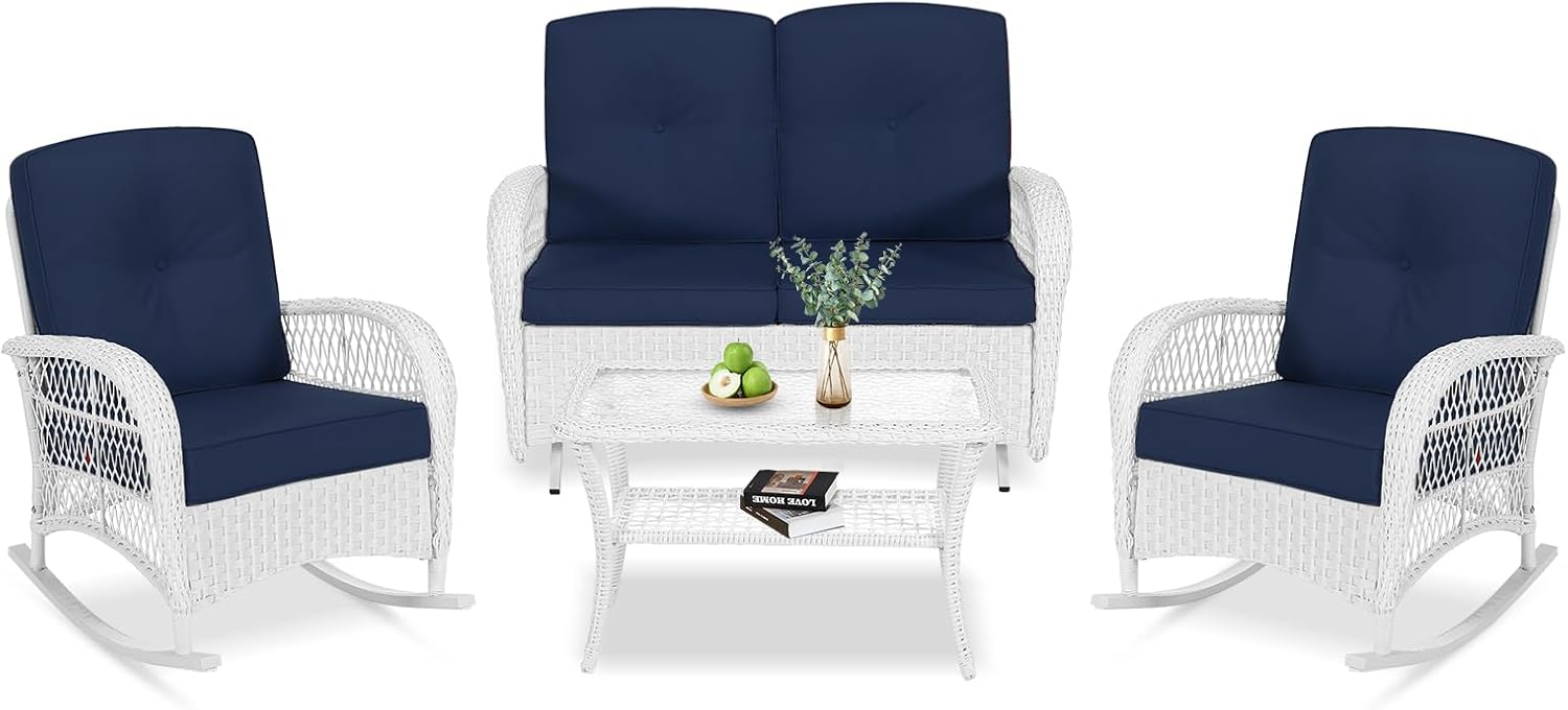 VIVIJASON 4-Piece Outdoor Patio White Wicker Conversation Sets, All Weather Outdoor Rattan Furniture Set Includes Glider Loveseat, Coffee Table, 2 Rocking Chairs with Cushions for Backyard, Navy Blue