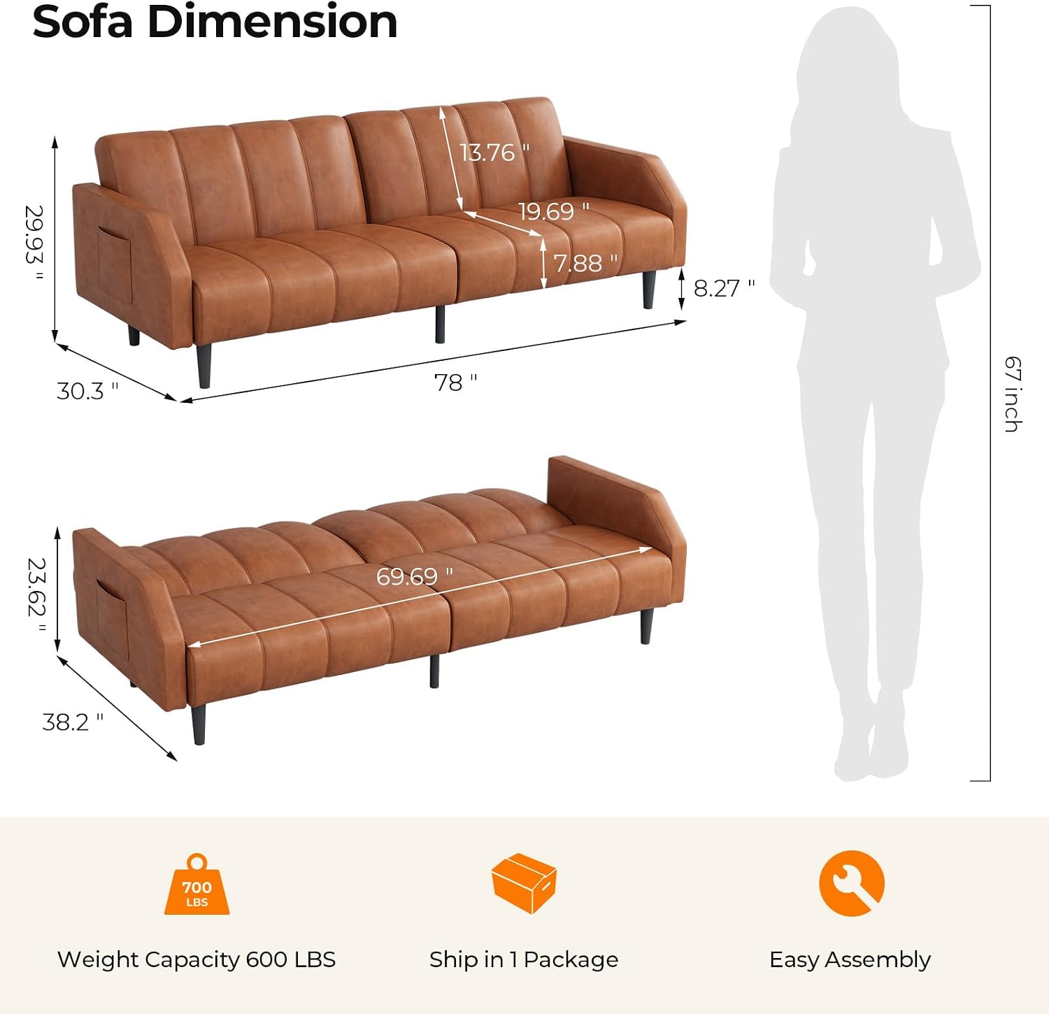 COPIAE Faux Leather Sofa Bed, 78' Futon Sofa Bed, Adjustable Futon Set Backrest, Sleeper Sofa Couch, Modern Decor Love Seat Couches, Upholstered Couch for Living Room, Bedroom, Light Brown