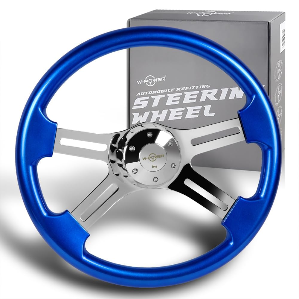 W-Power, 18' Universal 457mm 5 Bolt Hole 2 Inches Deep with Aluminum Polished Vintage Style Wood Grip Steering Wheel, Chrome Horn Button, 4 Spoke (Blue Wood Grip/Chrome Spoke)