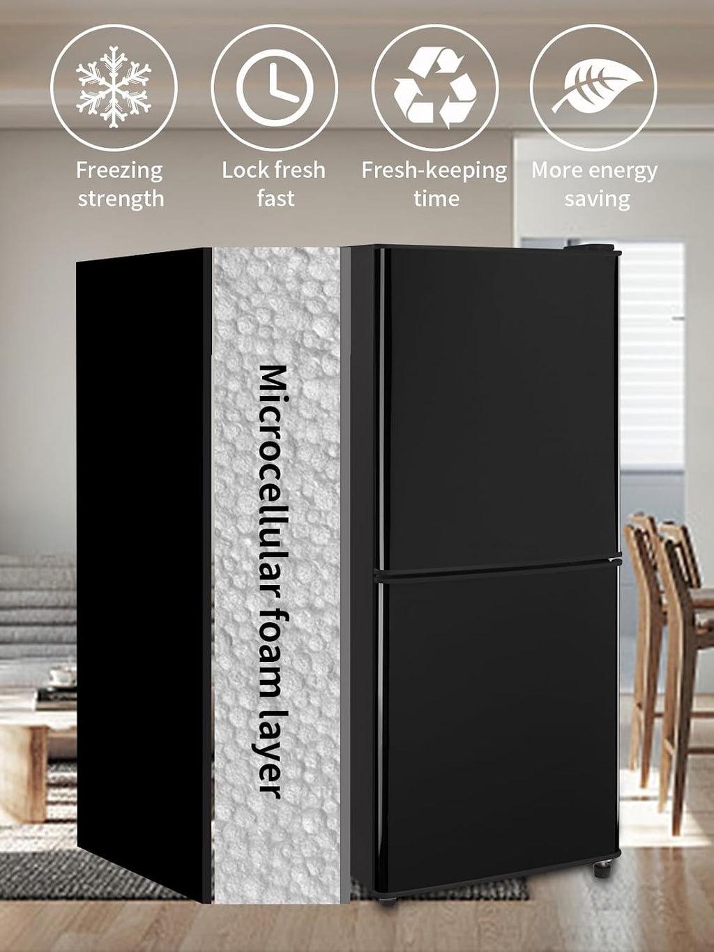 KRIB BLING Refrigerator with Freezer on Bottom 4.0 Cu.Ft Fridge Lock Fresh 7 Level Adjustable Thermostat ct for Dorm, Bar, Office,Kitchen,Black