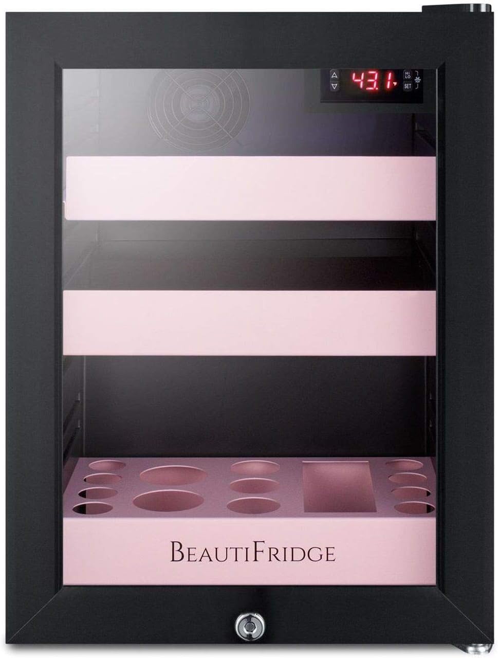 Summit Appliance LX114LP BeautiFridge Compact Cosmetics Cooler, Black Finish with Pink Adjustable Shelves, Digital Thermostat, Automatic Defrost, Factory Lock, Tempered Glass Door