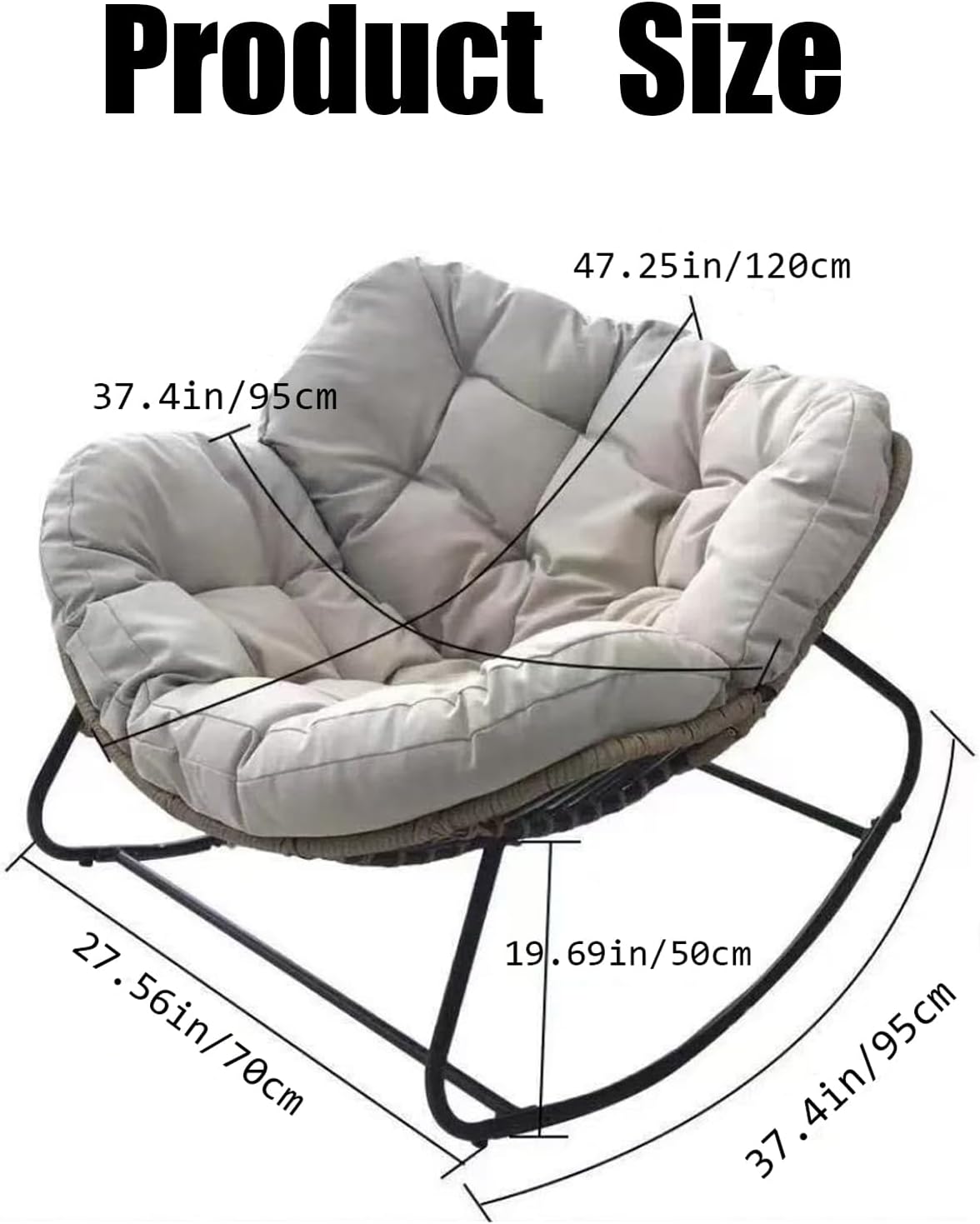 Outdoor Papasan Chair, Oversized Outdoor Rocking Chair with Thick Cushion, Indoor Egg Rocker Lounge Chair, Patio Chairs for Porch Garden Living Room Bedroom (Dark Gray)