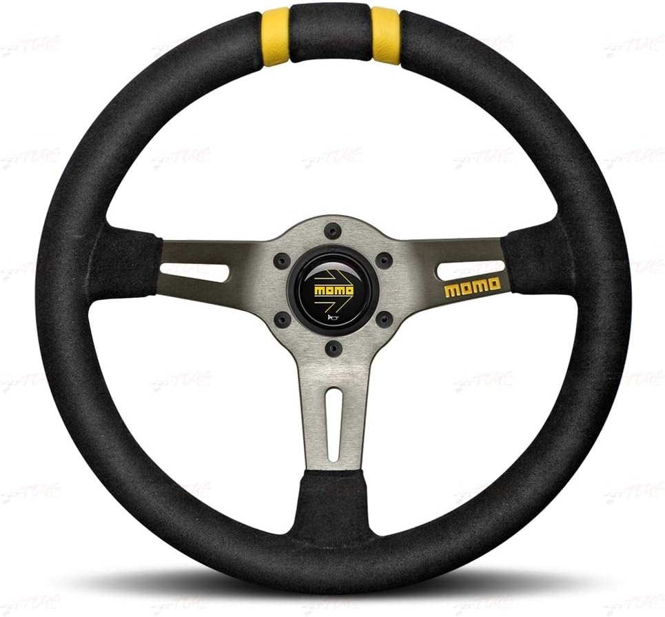 MOMO Motorsport MOD.DRIFT Suede Racing Steering Wheel – 330mm, 88mm Dish, 3-Spoke with Cutouts, 6-Bolt Aluminum Frame – Authentic MOMO Italian Aftermarket Wheel. Quick Release Hub Adapter Required
