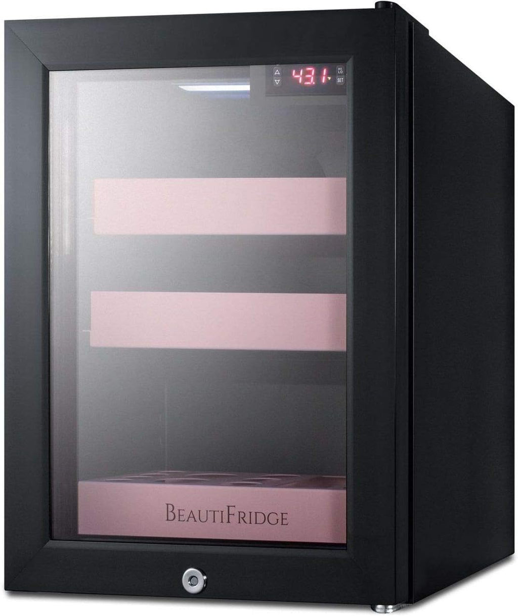 Summit Appliance LX114LP BeautiFridge Compact Cosmetics Cooler, Black Finish with Pink Adjustable Shelves, Digital Thermostat, Automatic Defrost, Factory Lock, Tempered Glass Door