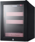 Summit Appliance LX114LP BeautiFridge Compact Cosmetics Cooler, Black Finish with Pink Adjustable Shelves, Digital Thermostat, Automatic Defrost, Factory Lock, Tempered Glass Door