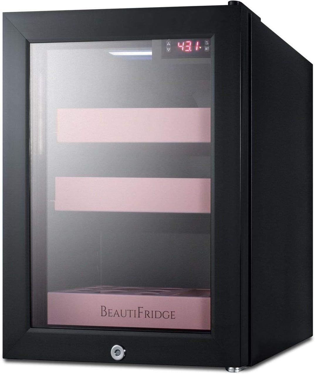 Summit Appliance LX114LP BeautiFridge Compact Cosmetics Cooler, Black Finish with Pink Adjustable Shelves, Digital Thermostat, Automatic Defrost, Factory Lock, Tempered Glass Door