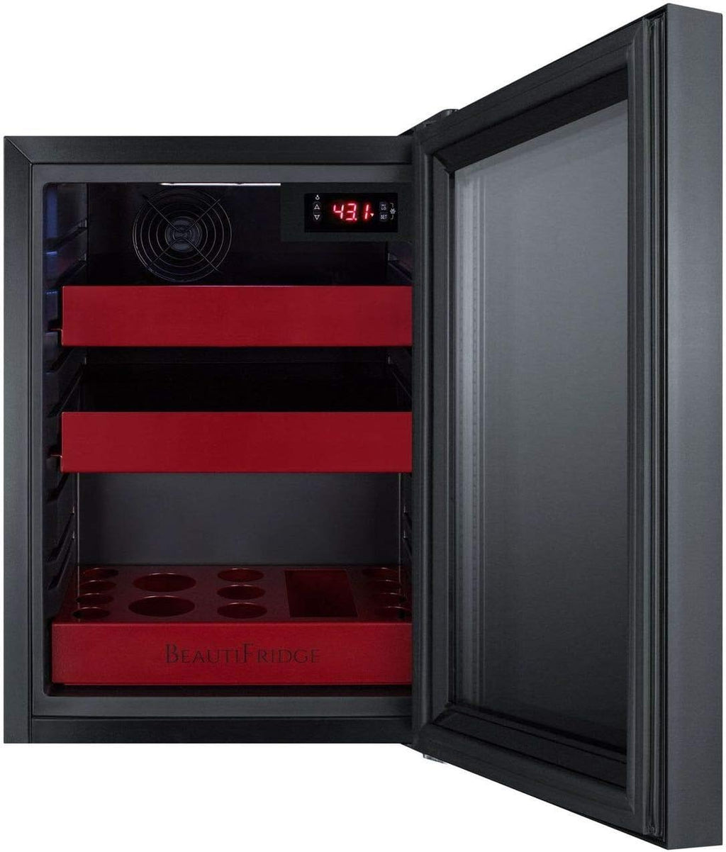 Summit Appliance LX114LRT1 BeautiFridge Compact Cosmetics Cooler with Mirror-Tinted Glass Door, Black; Digital Thermostat, Automatic Defrost, Factory Installed Lock, Bottle Shelf, Adjustable Shelves