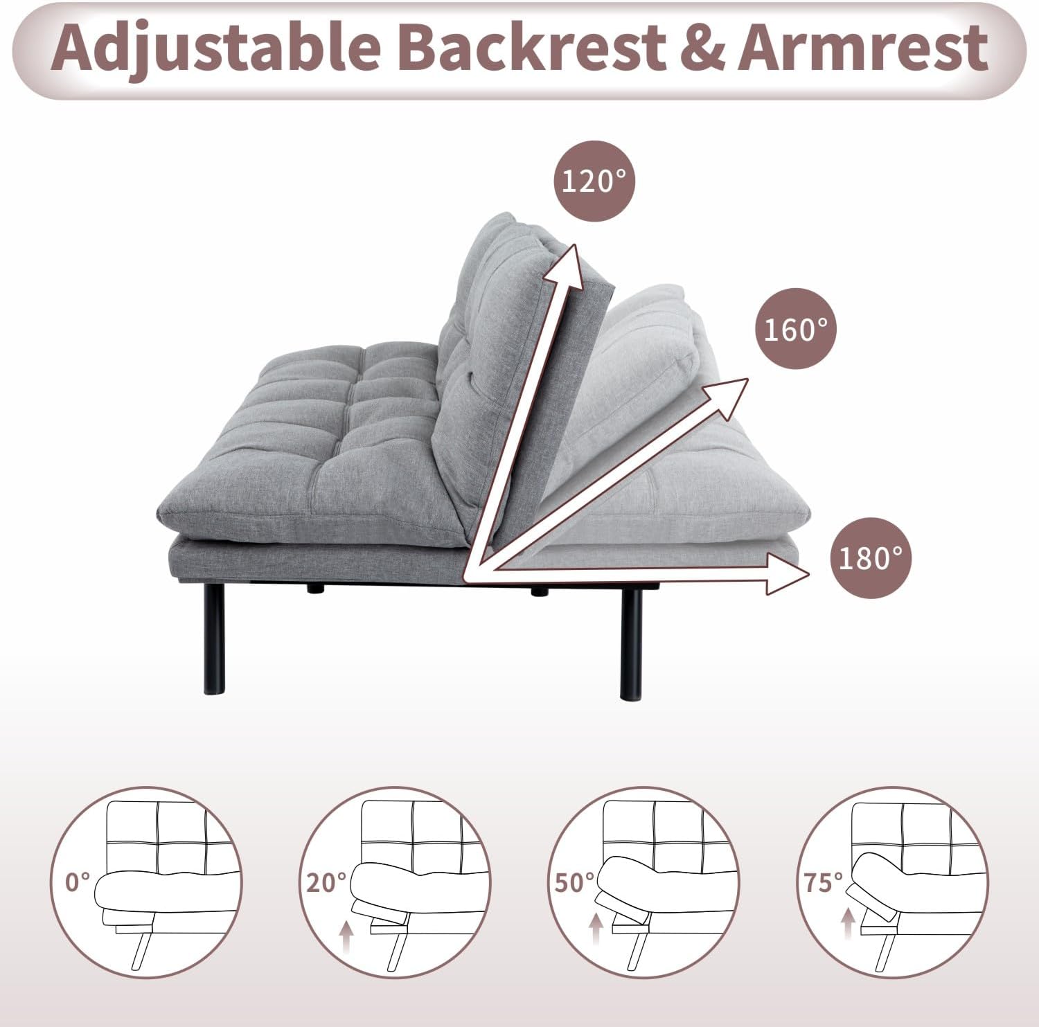 Opoiar 71-Inch Adjustable Futon Sofa Bed, Convertible Sleeper Couch with Split-Back Design for Personalized Comfort, Modern Loveseat Futon for Living Room & Small Spaces, Linen, Ash Gray