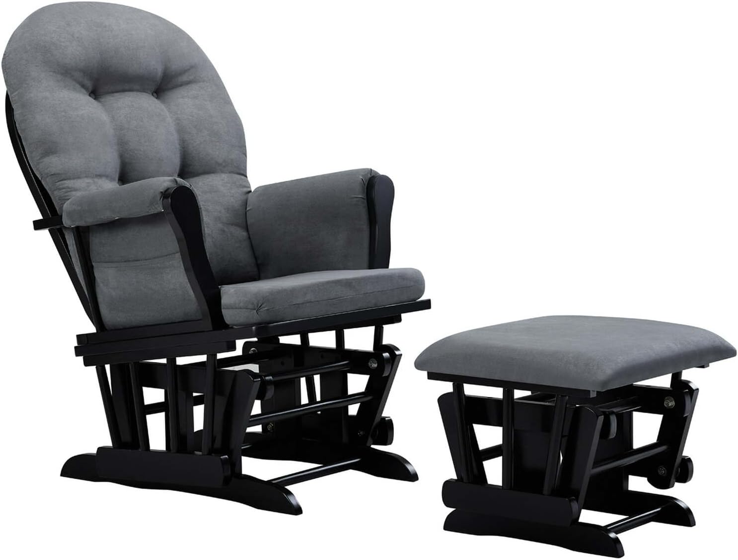 HomeStock Glider and Ottoman Set - Padded Arms, Storage Pockets, Metal Bearings Black and Dark Gray