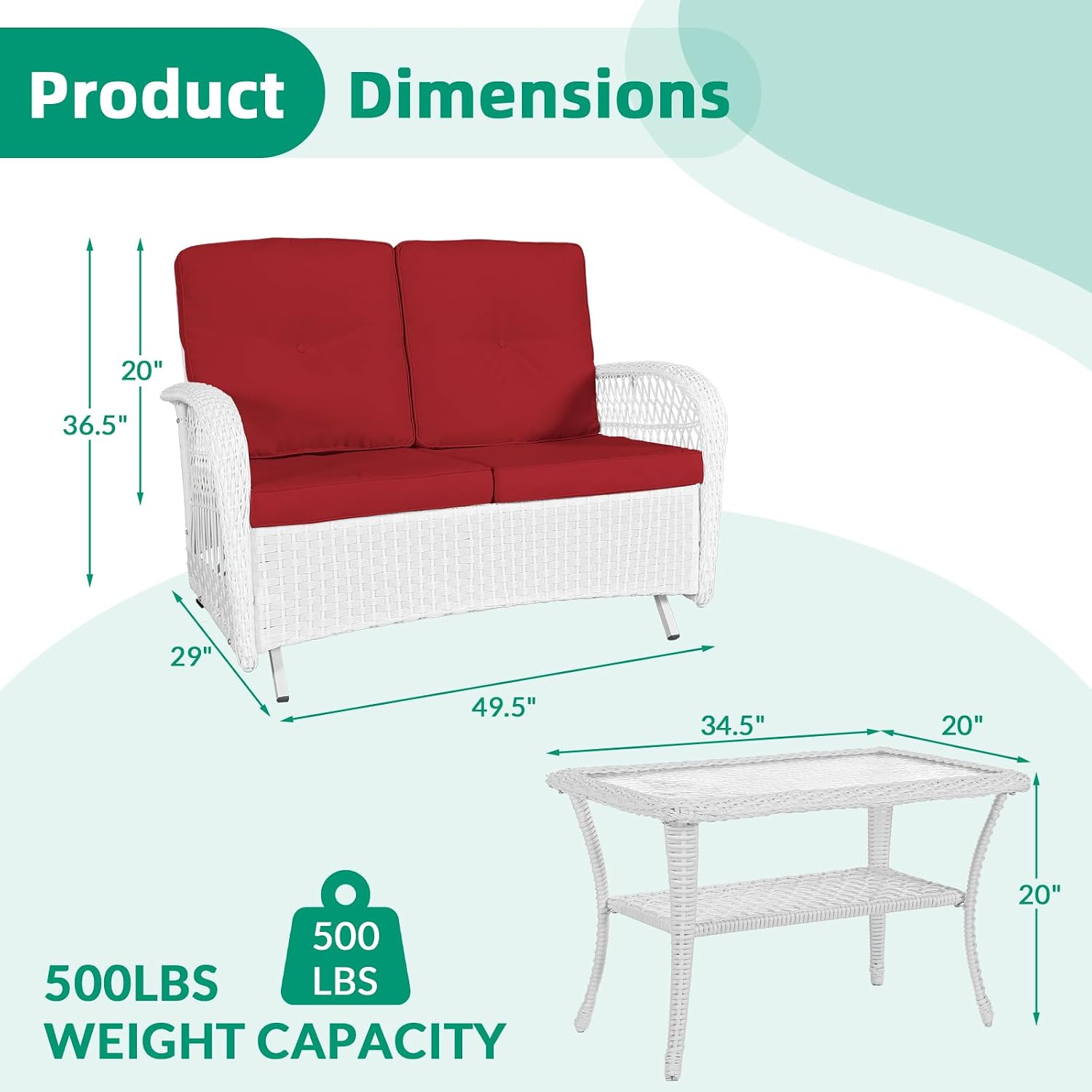 VIVIJASON 2-Piece Patio White Wicker Loveseat Glider Set Cushioned, Outdoor Conversation Furniture Sets with 2-Seater Glider Rocking Bench, Coffee Table and Cushions for Porch Garden Poolside, Red