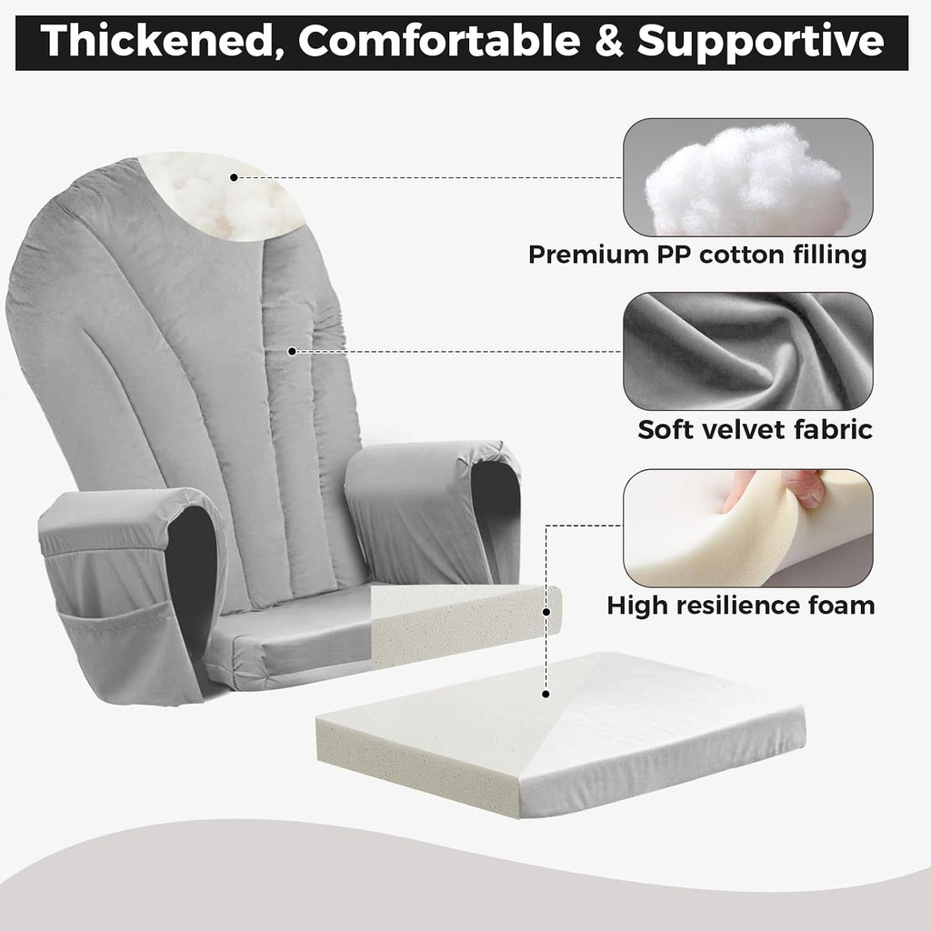 ANMINY 5pcs Glider Rocker Replacement Cushions Set Pack of 2 - Thickened Velvet Glider Rocking Chair Cushions with 29 inch High Backrest & Side Pockets for Indoor Nursery, Washable & Non Slip, Gray