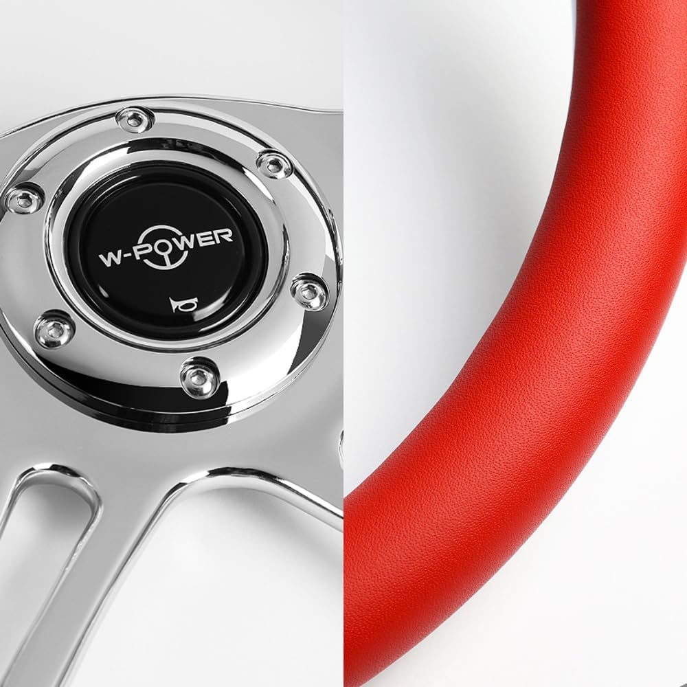 W-Power, 14' Universal 350mm 6 Bolt Hole Vintage Style with Aluminum Polished Special Leather Grip Steering Wheel, Black Horn Button, 4-Spoke (Red Leather/Chrome Spoke)