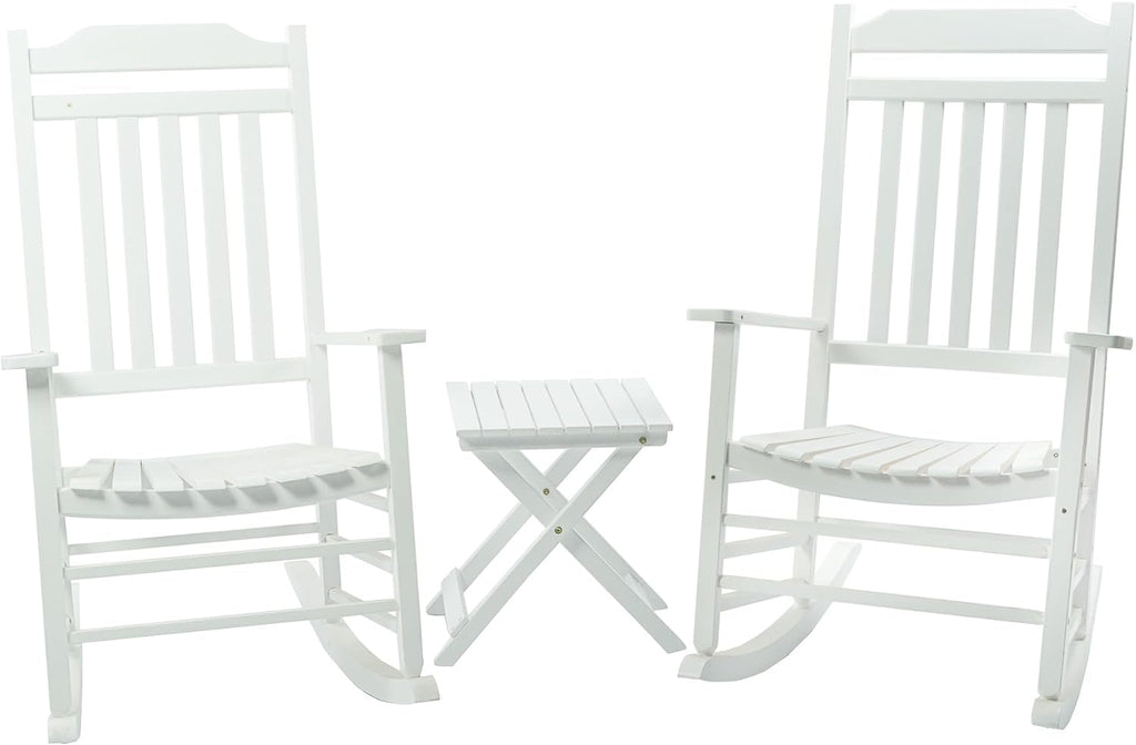 Kozyard 3-Piece Wooden Outdoor Rocking Chair Set with Foldable Side Table, Black Patio Rockers and End Table Furniture Set for Deck, Garden, Porch, Poolside (White/2Chairs+Table)