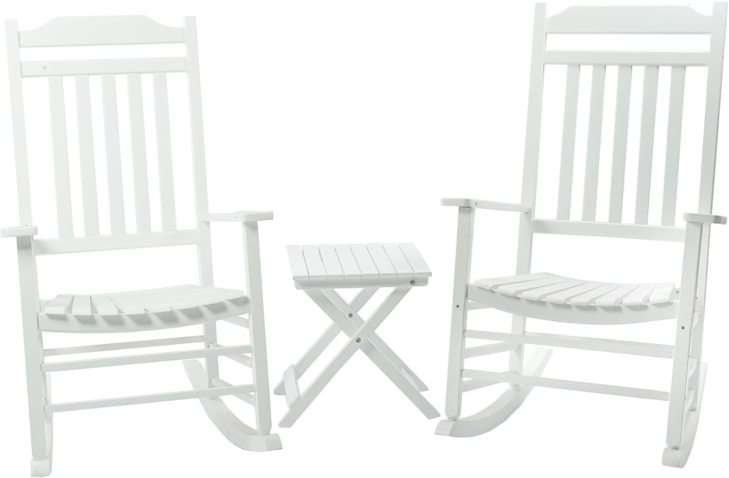 Kozyard 3-Piece Wooden Outdoor Rocking Chair Set with Foldable Side Table, Black Patio Rockers and End Table Furniture Set for Deck, Garden, Porch, Poolside (White/2Chairs+Table)