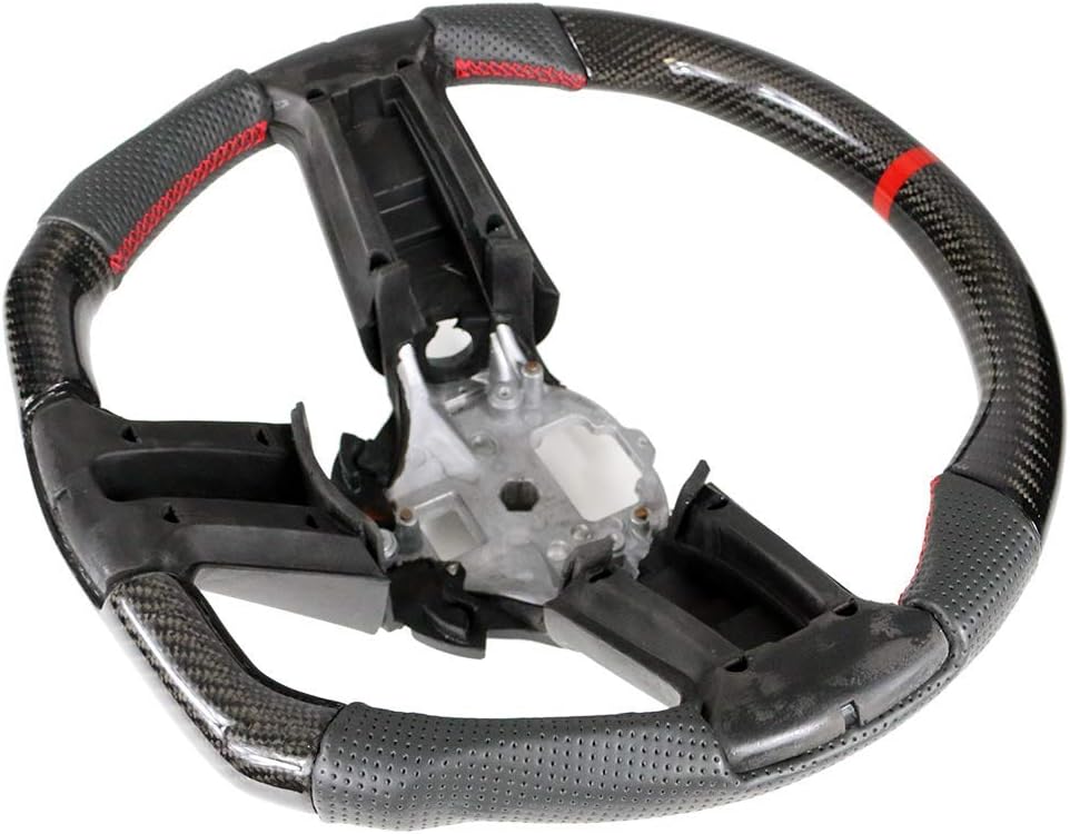 Compatible with 2010-2014 Ford Mustang, Steering Wheel with Red Stitching & Indicator, Black Carbon Fiber & Perforated Leather Steering Wheel Brushed Kit by IKON MOTORSPORTS