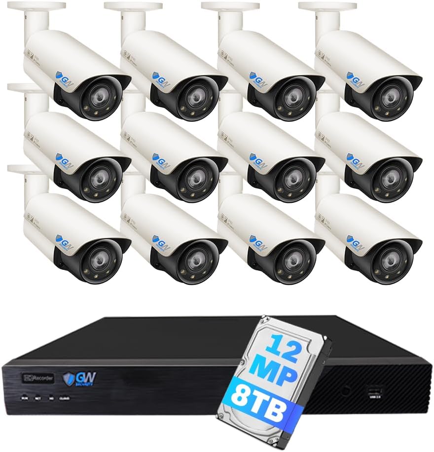 GW Security 16 Channel UltraHD 12MP 4K @ 30FPS Realtime 3X Motorized Zoom PoE Security Camera System with 12 x 12MP IP Two-Way Audio Full-Time Color Night Vision Outdoor/Indoor Smart AI Bullet Cameras