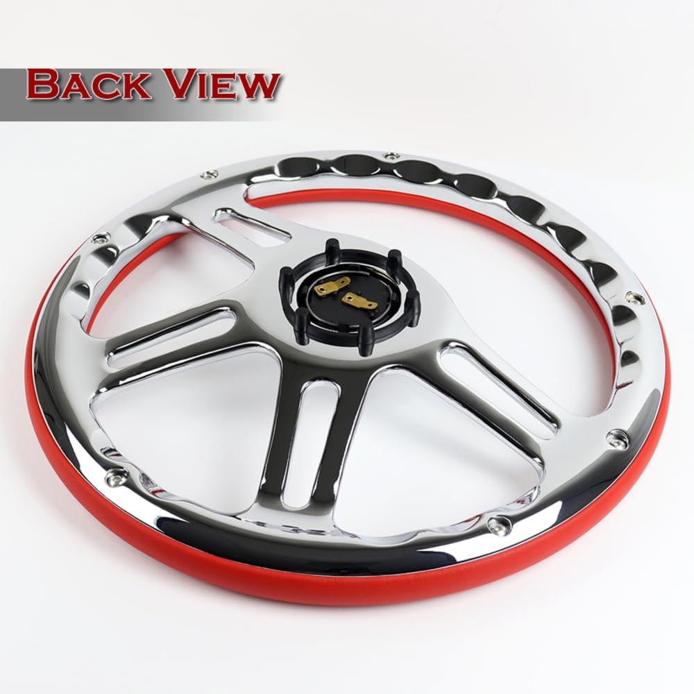 W-Power, 14' Universal 350mm 6 Bolt Hole Vintage Style with Aluminum Polished Special Leather Grip Steering Wheel, Black Horn Button, 4-Spoke (Red Leather/Chrome Spoke)