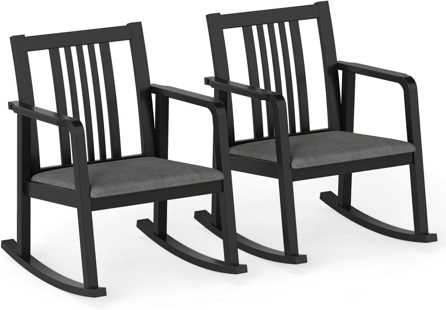 Giantex Rocking Chair with Cushioned Seat, Indoor Solid Rubber Wood Rocker Chair w/Slatted Back & Curved Armrests, Wooden Accent Armchair for Living Room, Bedroom, Study, Porch (2,Black + Gray)